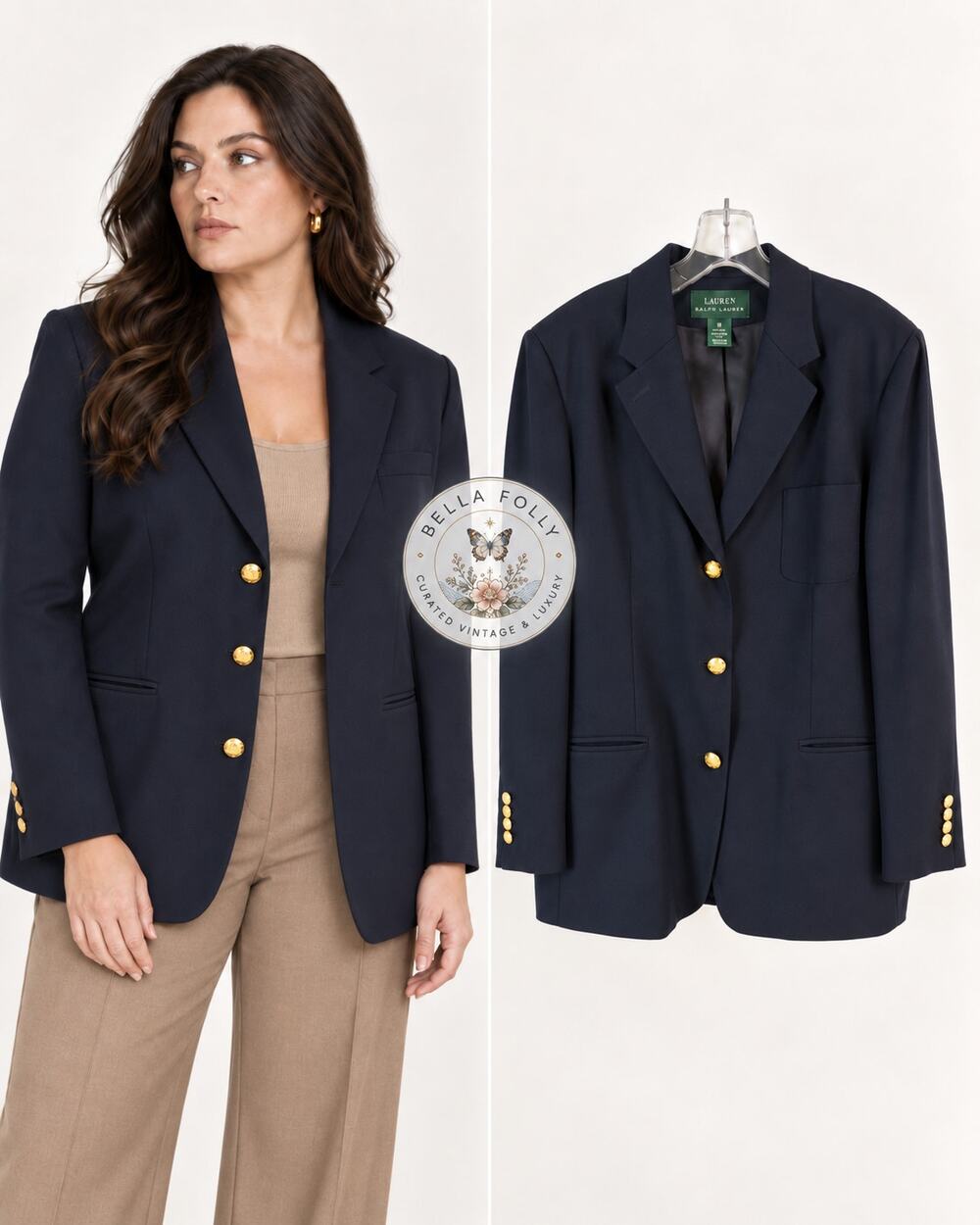 90s Vintage Lauren Ralph Lauren Navy Wool Blazer Gold Crest Buttons USA 16